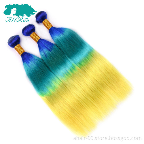 virgin remy color hair bundles, 3 tone blue/green/yellow human hair extension